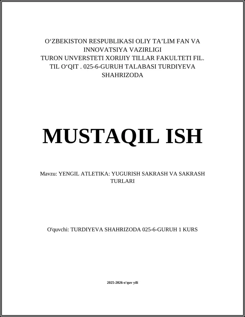 YENGIL ATLETIKA: YUGURISH SAKRASH VA SAKRASH TURLARI