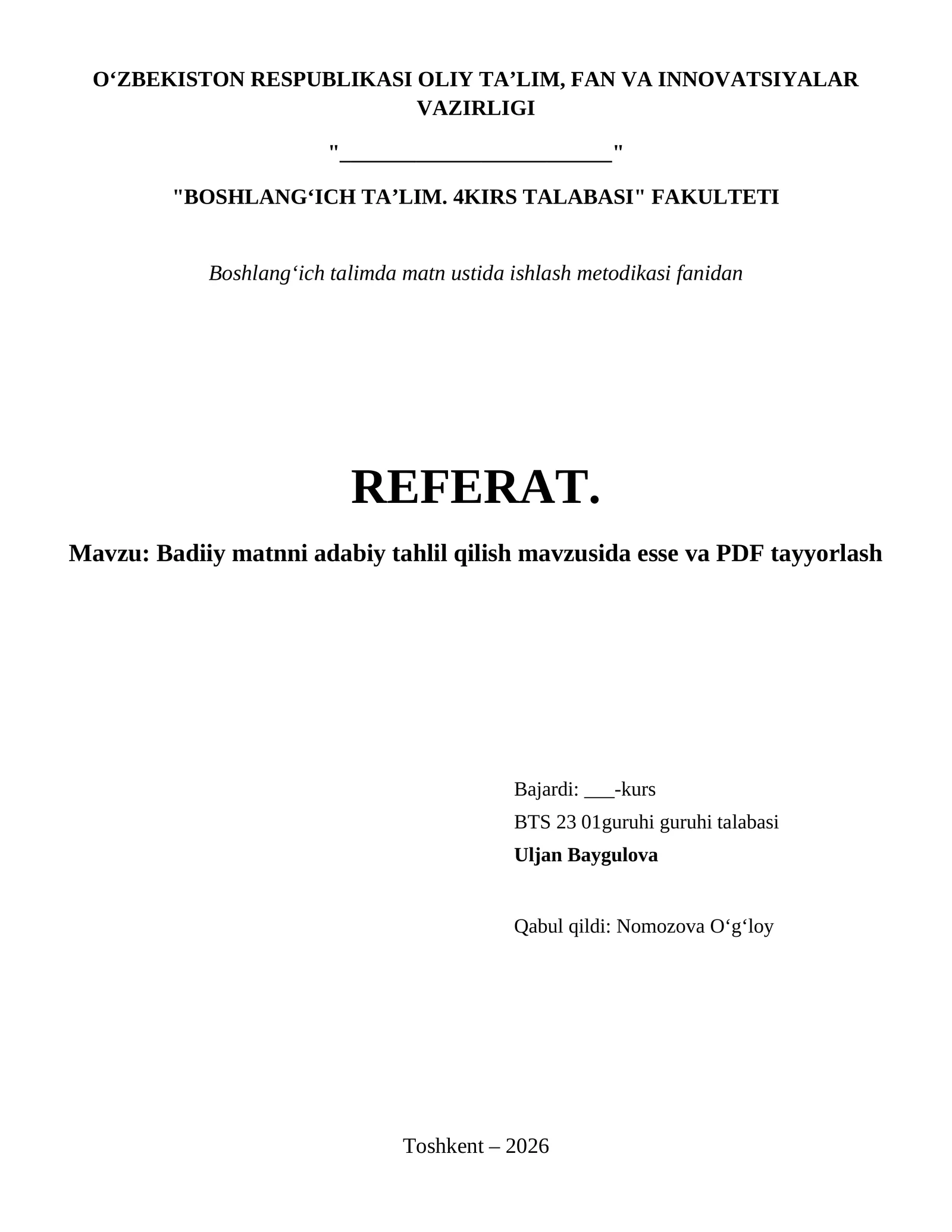 Badiiy matnni adabiy tahlil qilish mavzusida esse va PDF tayyorlash