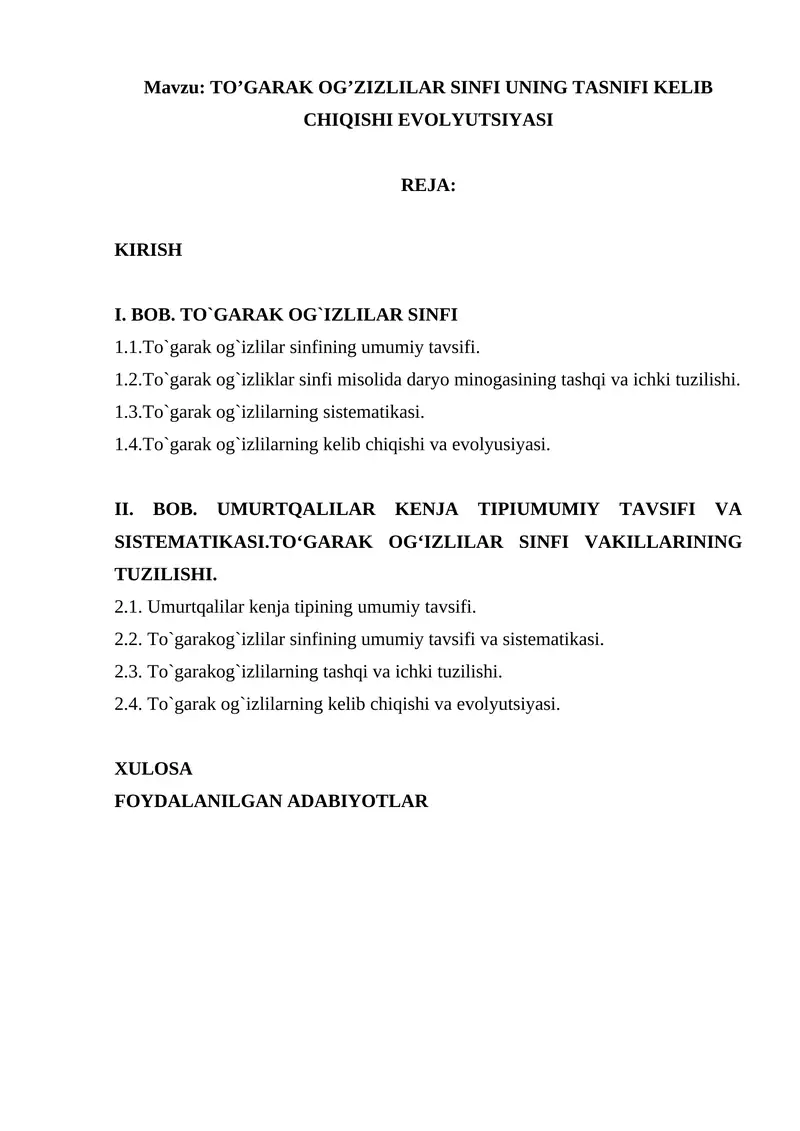 TO’GARAK OG’ZIZLILAR SINFI UNING TASNIFI KELIB CHIQISHI EVOLYUTSIYASI