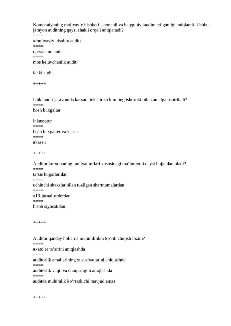 Audit testlar to`liq javoblari bilan.