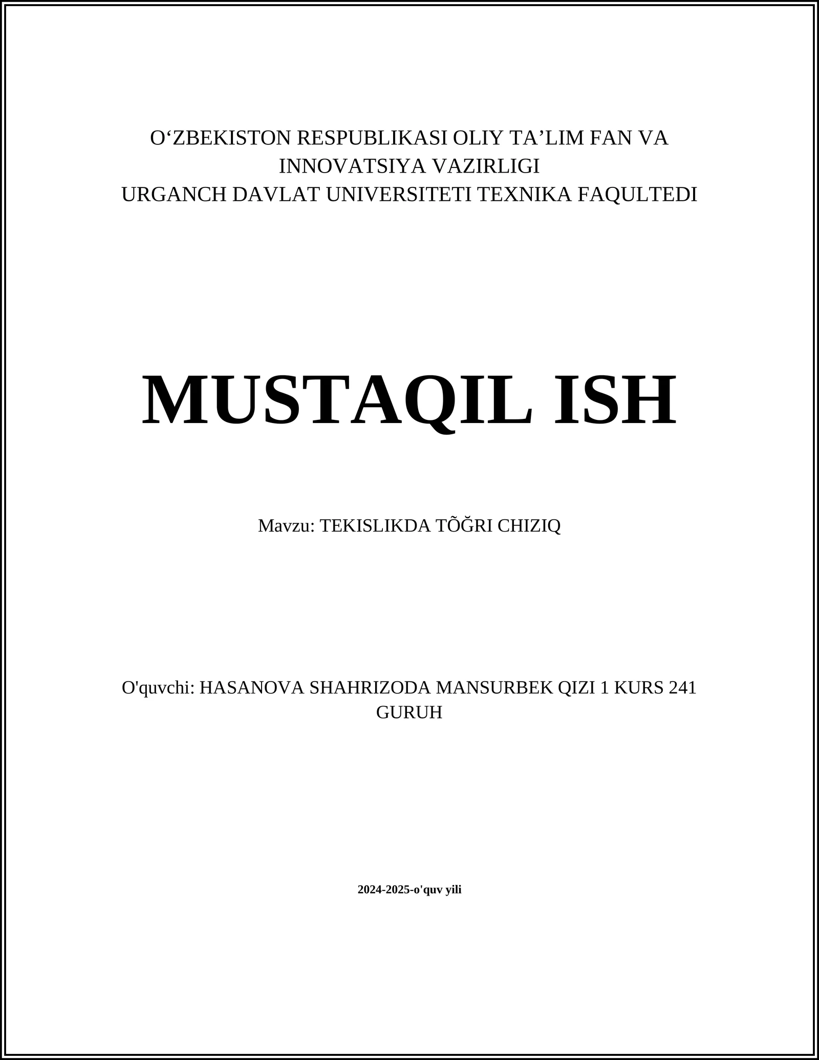 TEKISLIKDA TÕĞRI CHIZIQ