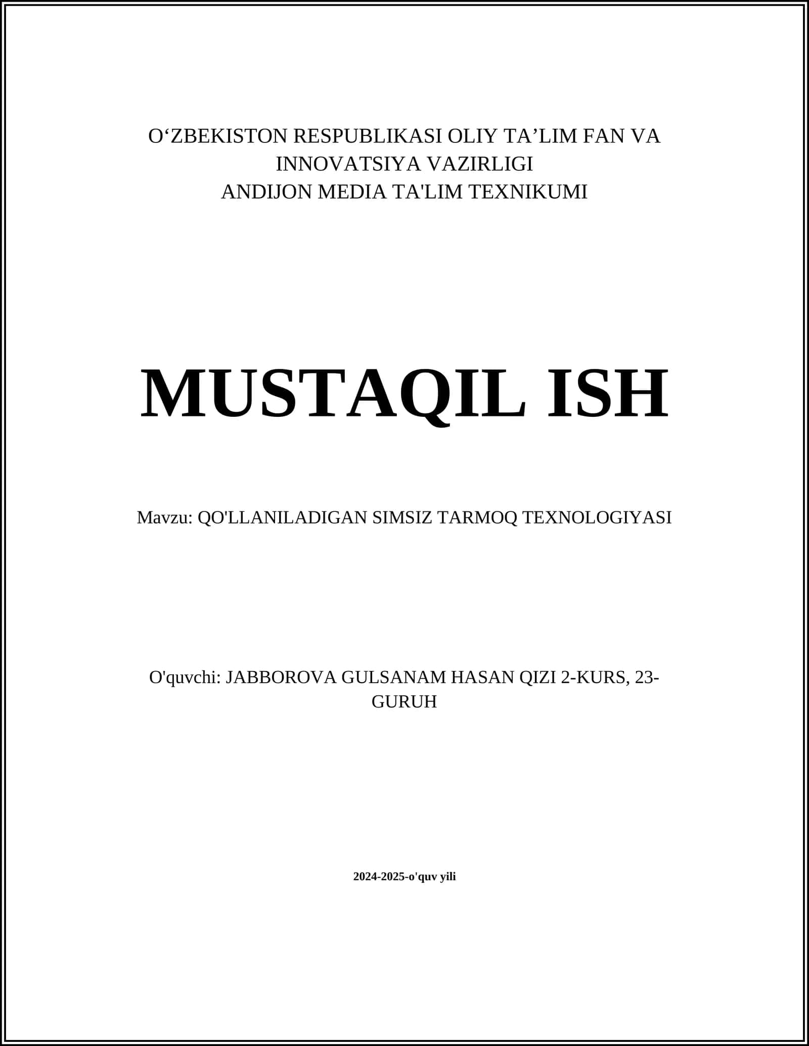 QO'LLANILADIGAN SIMSIZ TARMOQ TEXNOLOGIYASI