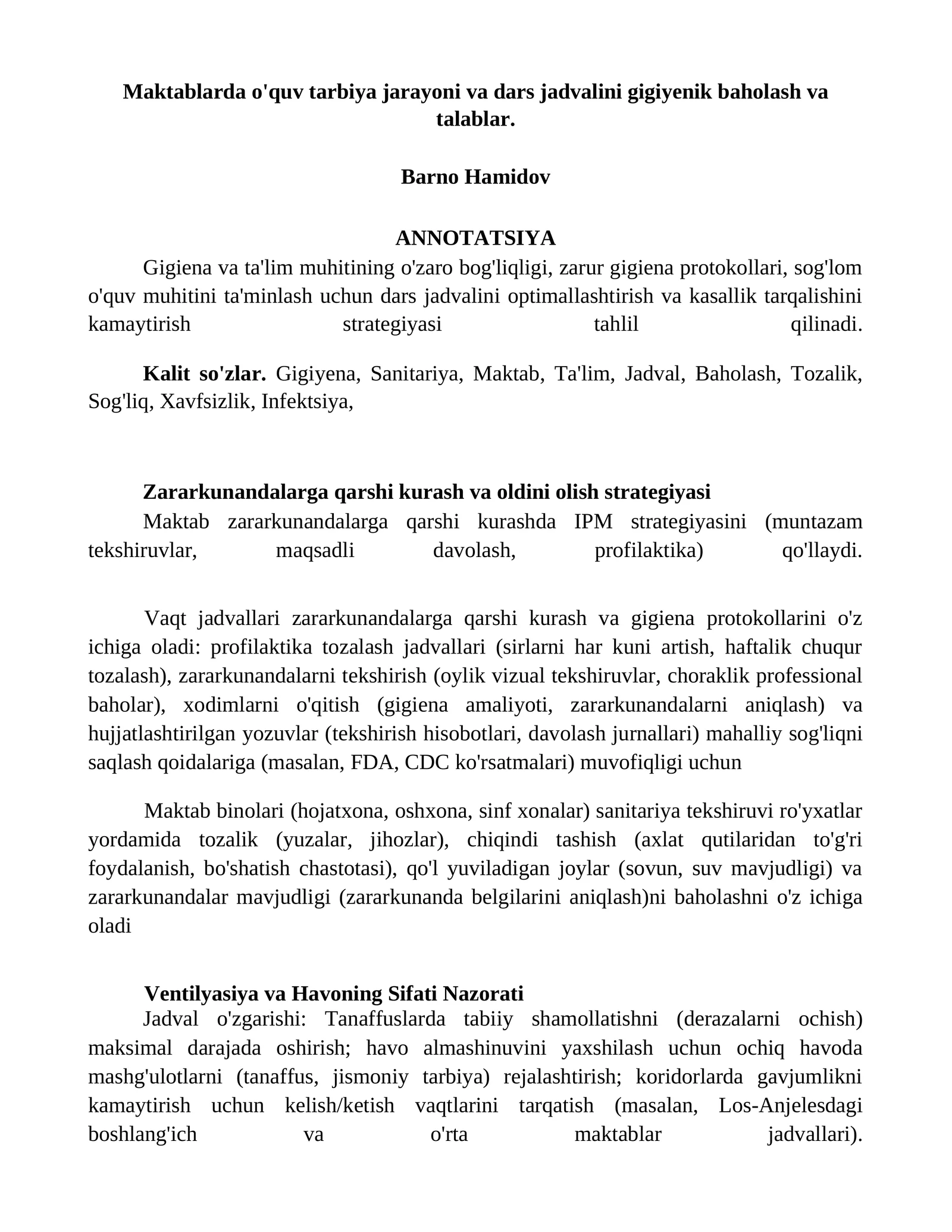 Gigiyena va ta'lim muhitining optimallashtirish strategiyasi