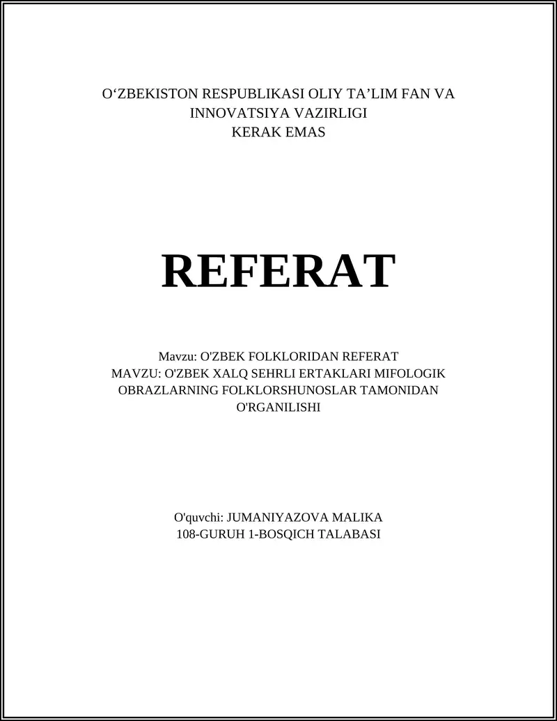 O'zbek Folkloridan Referat
