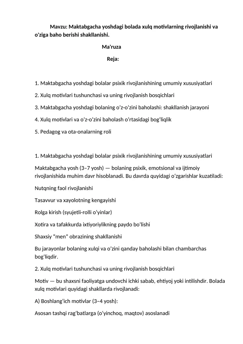 Maktabgacha Yoshdagi Bolalar Xulq Motivlarning Rivojlanishi