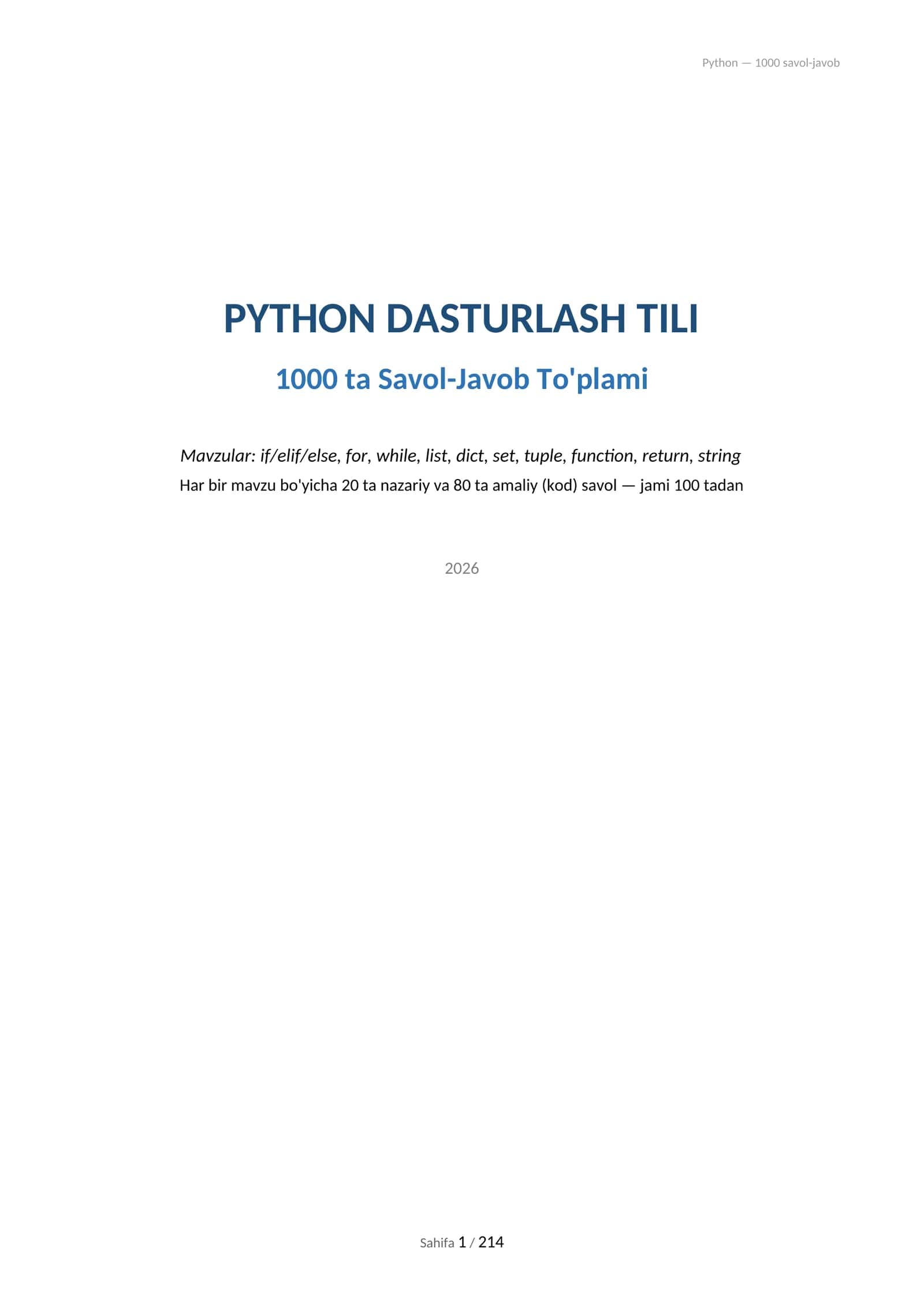 PYTHON DASTURLASH 1000 TA TEST