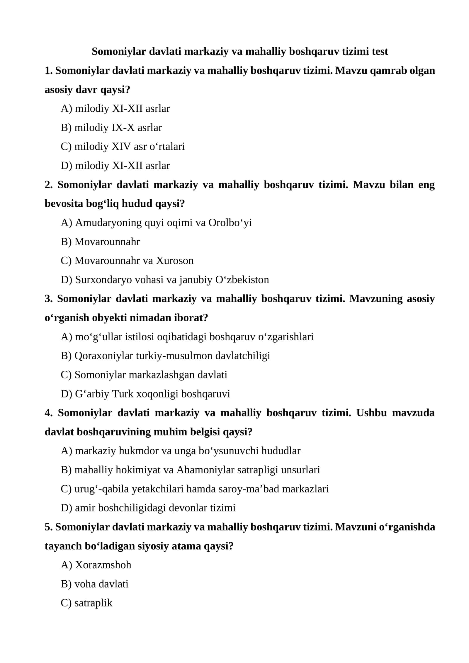 Somoniylar davlati markaziy va mahalliy boshqaruv tizimi test