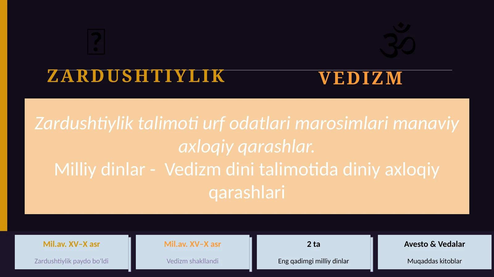 Zardushtiylik talimoti urf odatlari marosimlari manaviy axloqiy qarashlar. Milliy dinlar -  Vedizm dini talimotida diniy axloqiy qarashlari slayd