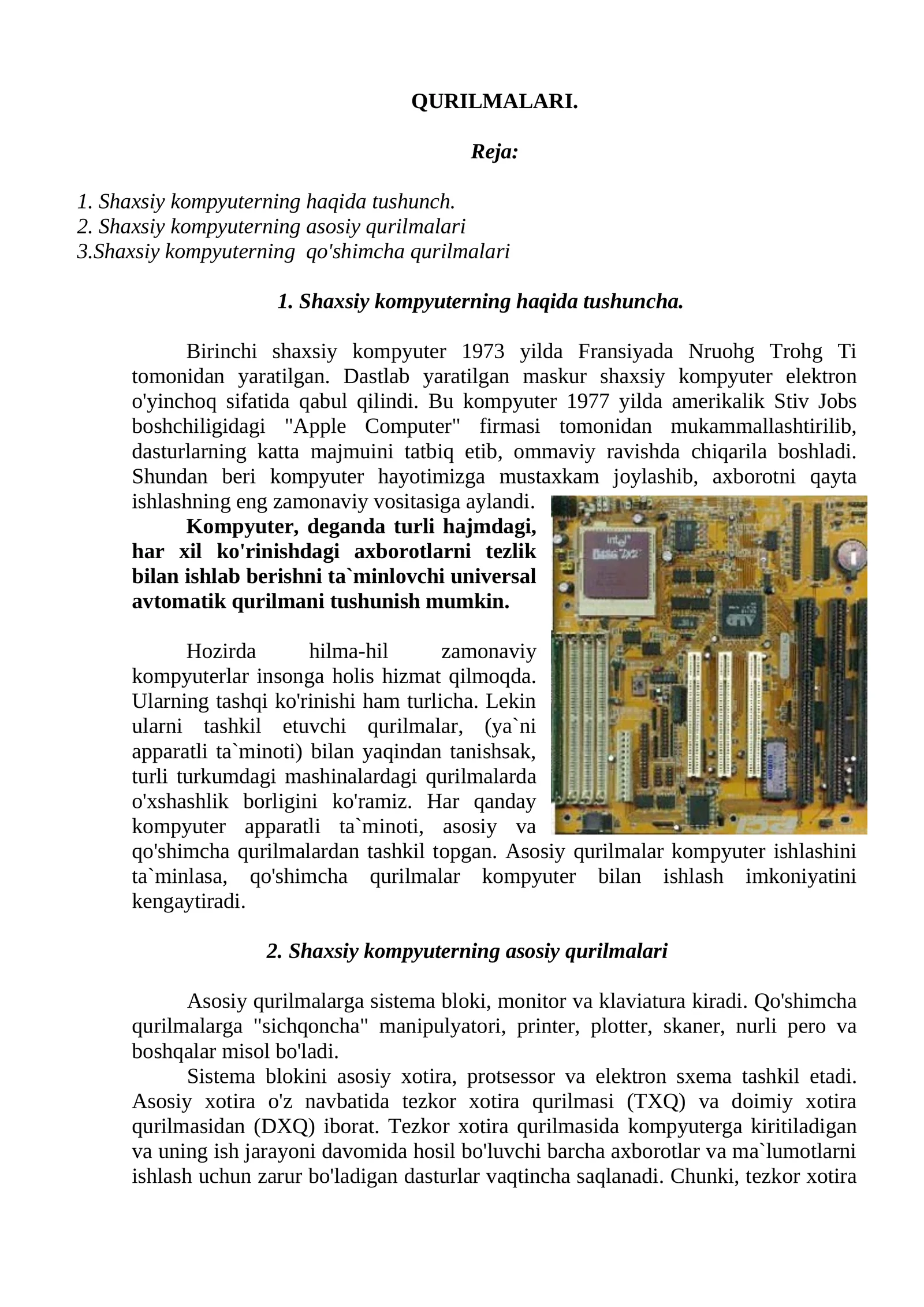 Shaxsiy kompyuterning asosiy qurilmalari