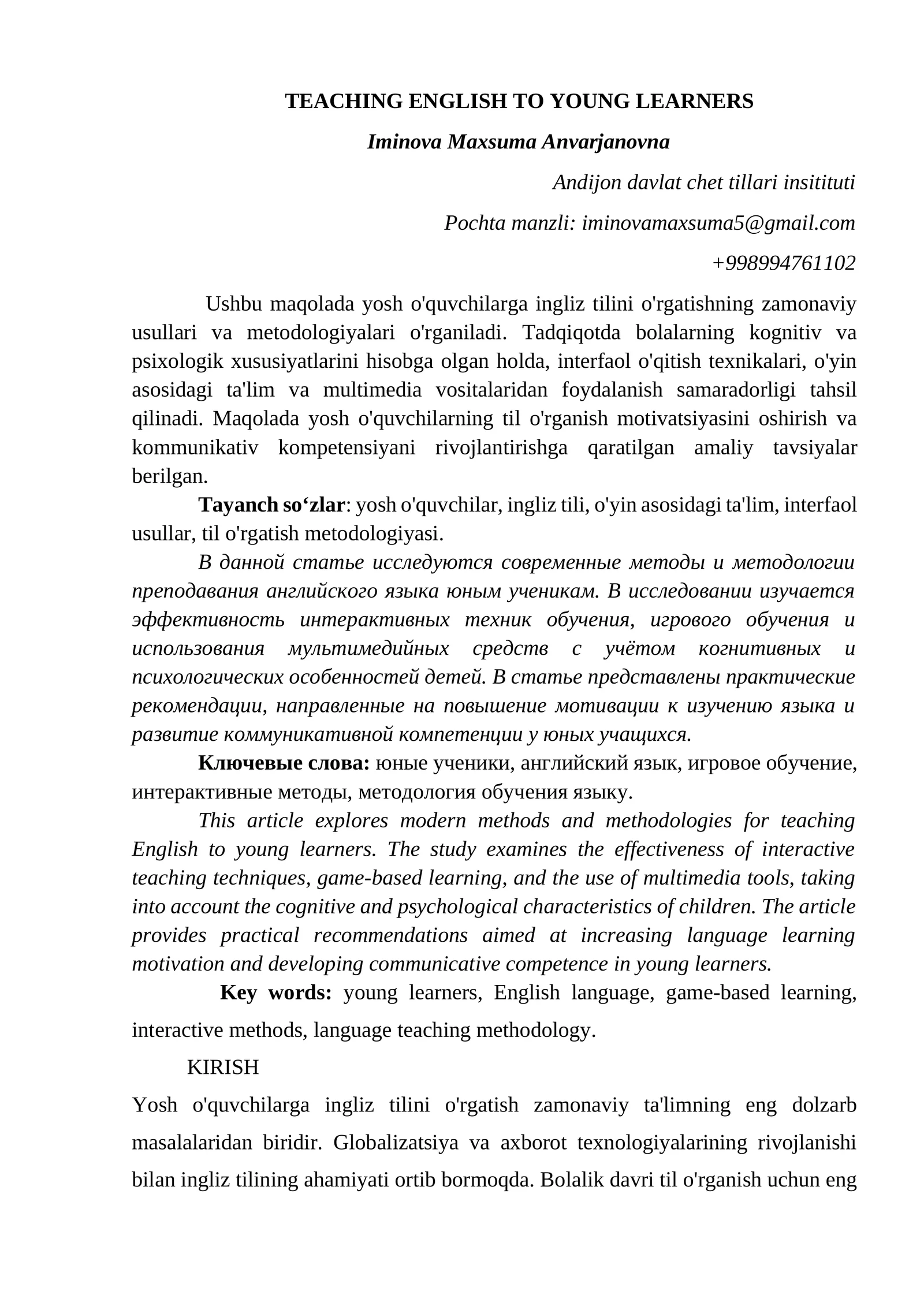 O'quvchilarga ingliz tilini o'rgatishning zamonaviy usullari va metodologiyalari