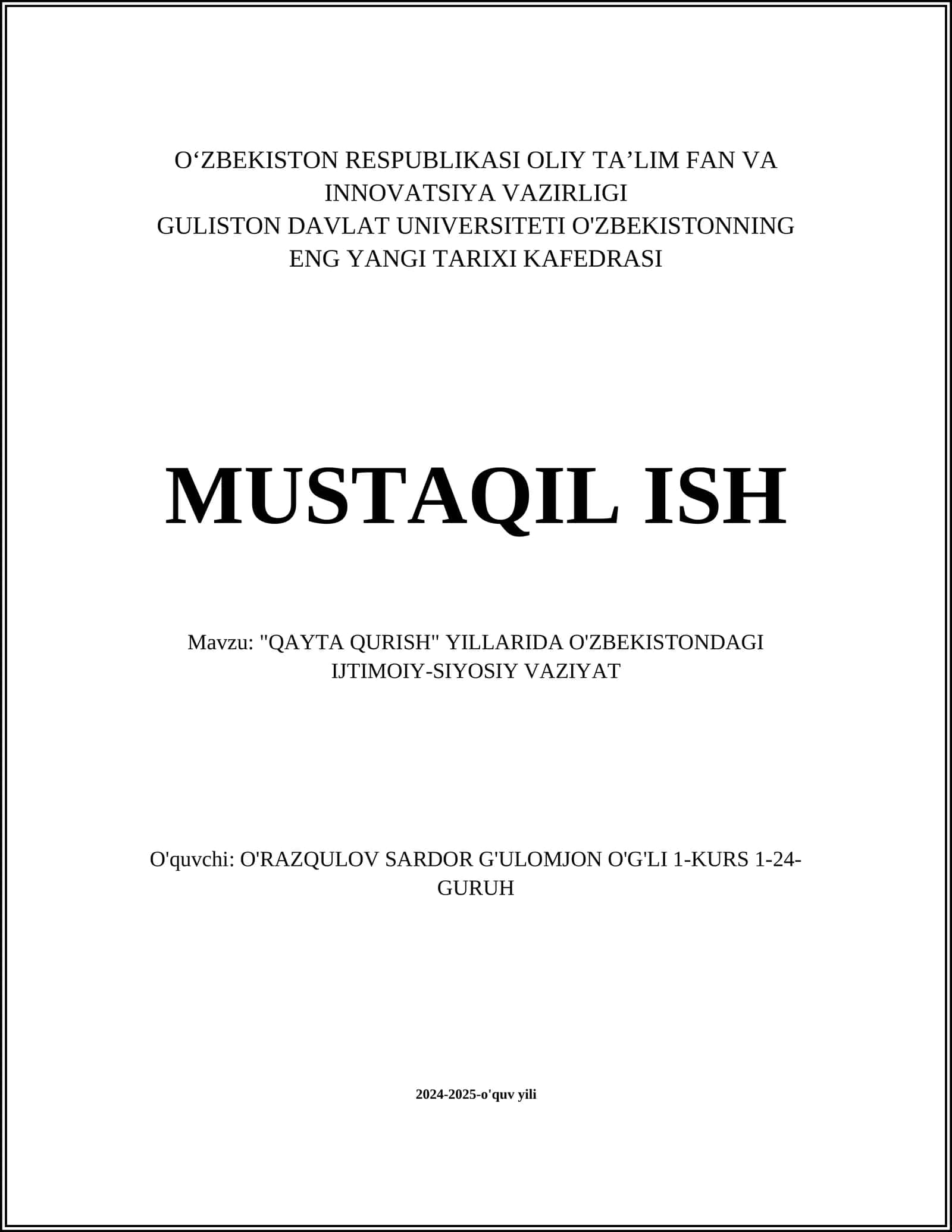 "QAYTA QURISH" YILLARIDA O'ZBEKISTONDAGI IJTIMOIY-SIYOSIY VAZIYAT