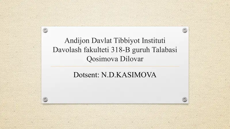 Asosiy klinik sindromlar. Koronar tomir yetishmovchiligi sindromi: Yurakning ishemik kasalligi (YuIK) haqida tushuncha. Stenokardiya tasnifi. Turg‘un zo‘riqish stenokardiyasi simptomatologiyasi. Miokard infarkti simptomatologiyasi. Qon aylanish yetishmovchiligi sindromi. Yurak astmasi, o‘pka shishi. Diagnostika. Davolash asosiy prinsiplari. Yurak qon - tomir kasalliklarida qo’shimcha tonlar. Yurak shovqinlari, hosil bo’lish mexanizmi
