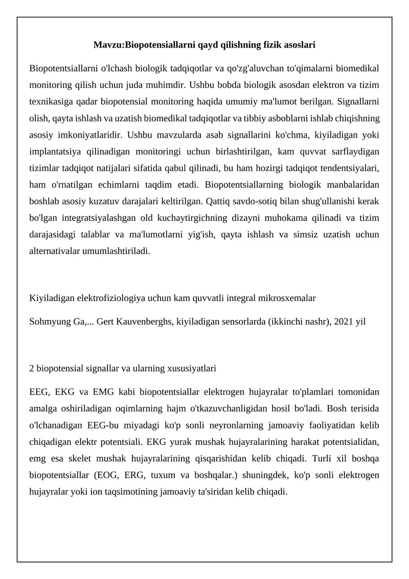 Biopotensiallarni qayd qilishning fizik asoslari