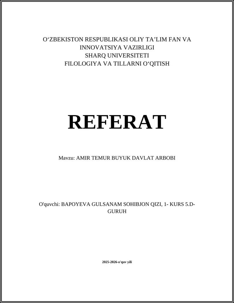 AMIR TEMUR BUYUK DAVLAT ARBOBI