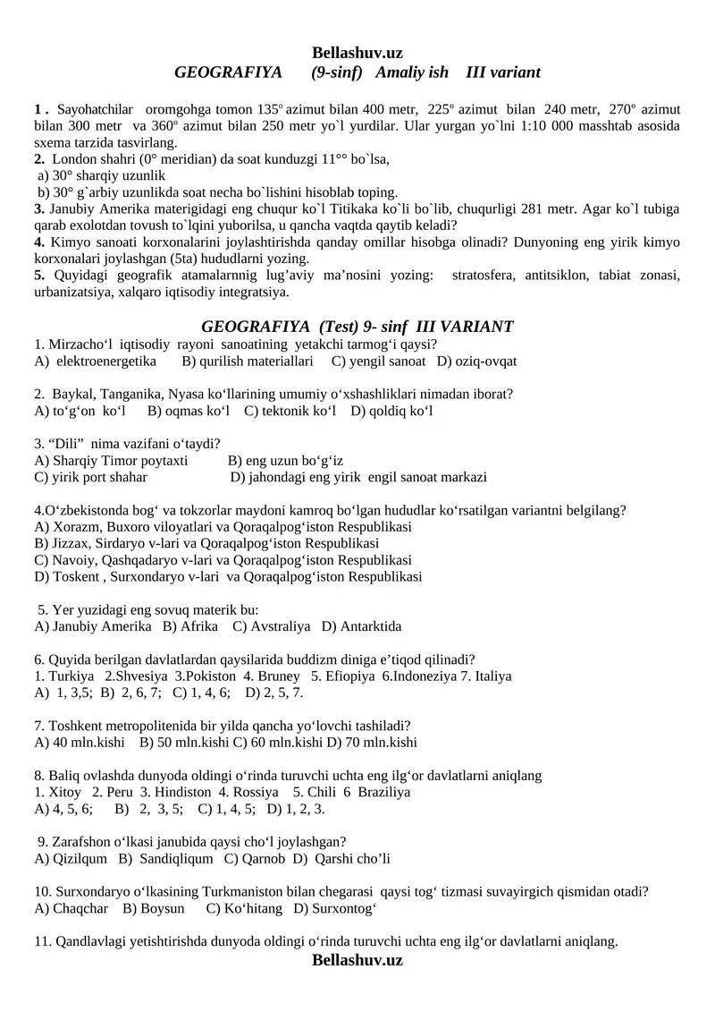 GEOGRAFIYA (9-sinf) Amaliy ish III variant