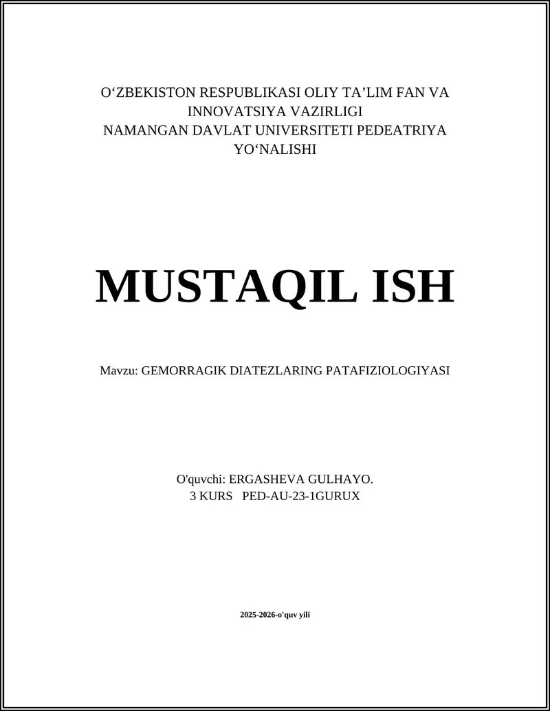 GEMORRAGIK DIATEZLARING PATAFIZIOLOGIYASI