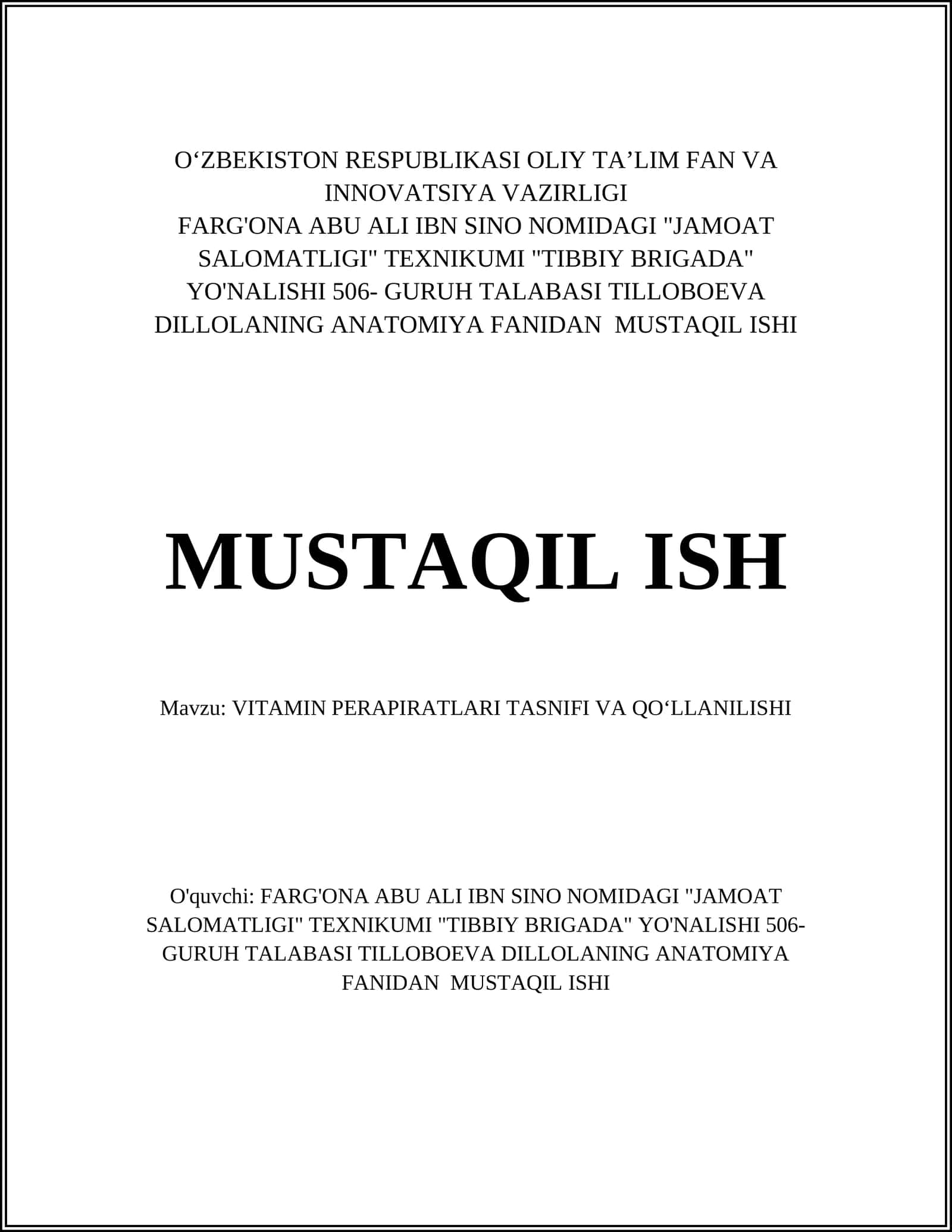 VITAMIN PERAPIRATLARI TASNIFI VA QOʻLLANILISHI