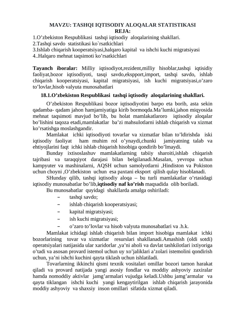 TASHQI IQTISODIY ALOQALAR STATISTIKASI