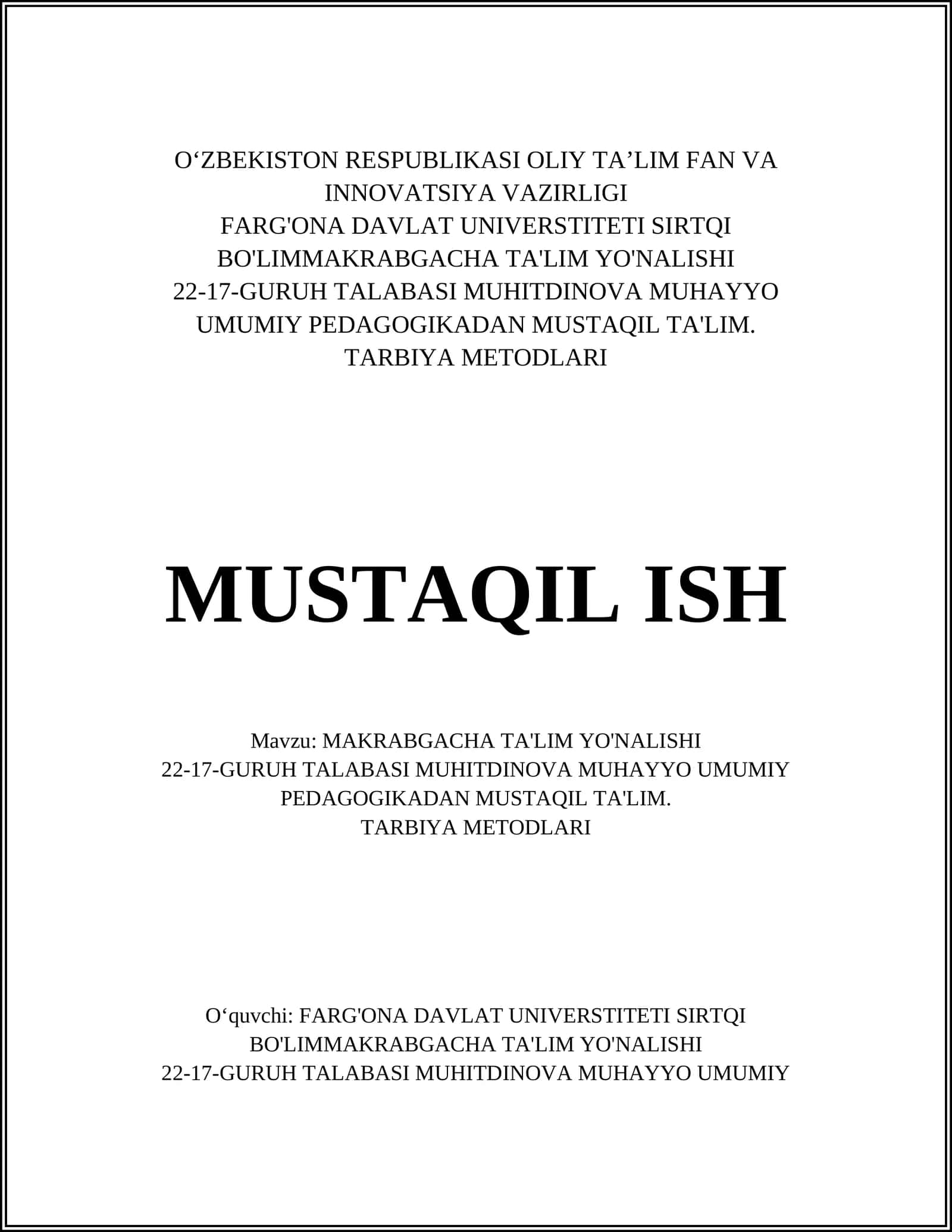 MAKRABGACHA TA'LIM YO'NALISHI