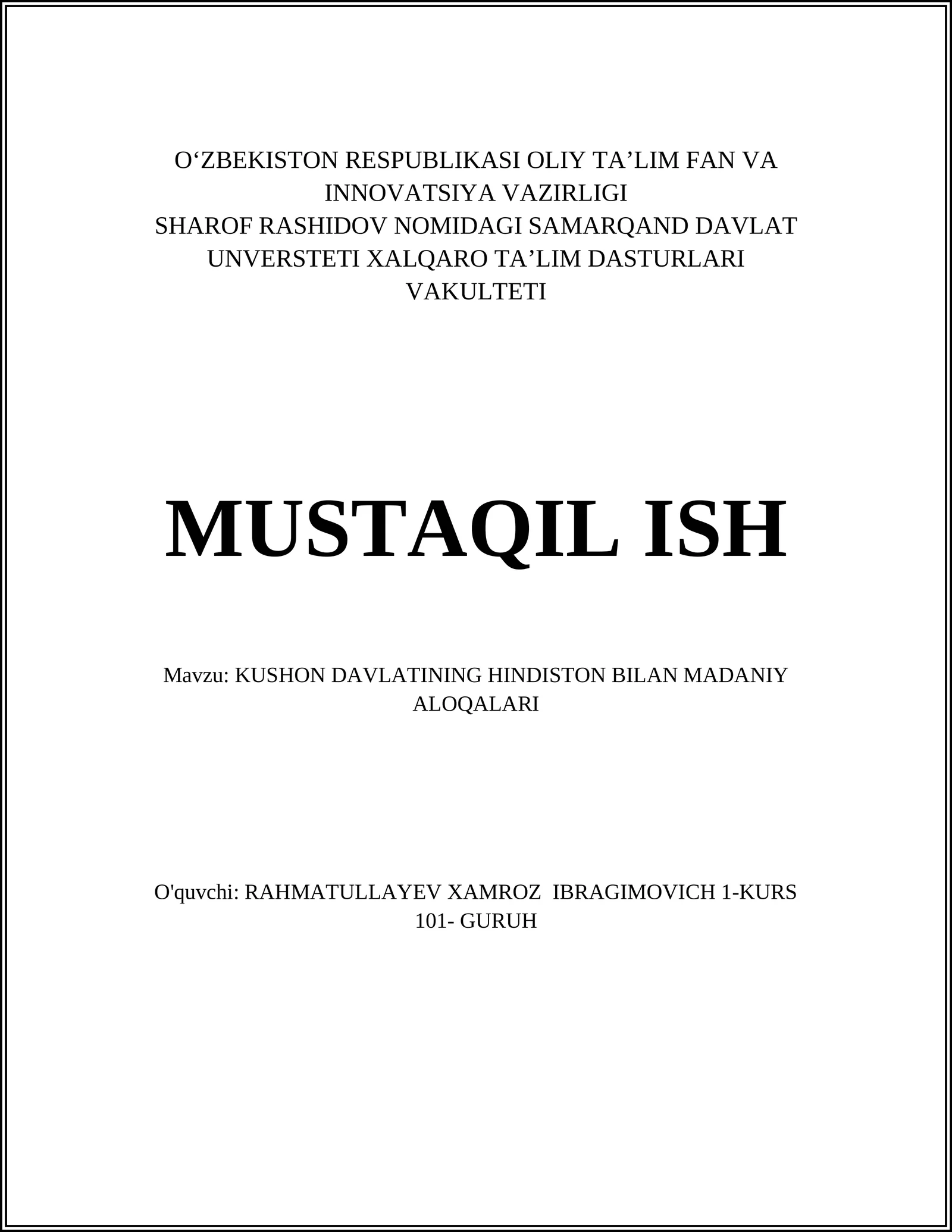 KUSHON DAVLATINING HINDISTON BILAN MADANIY ALOQALARI