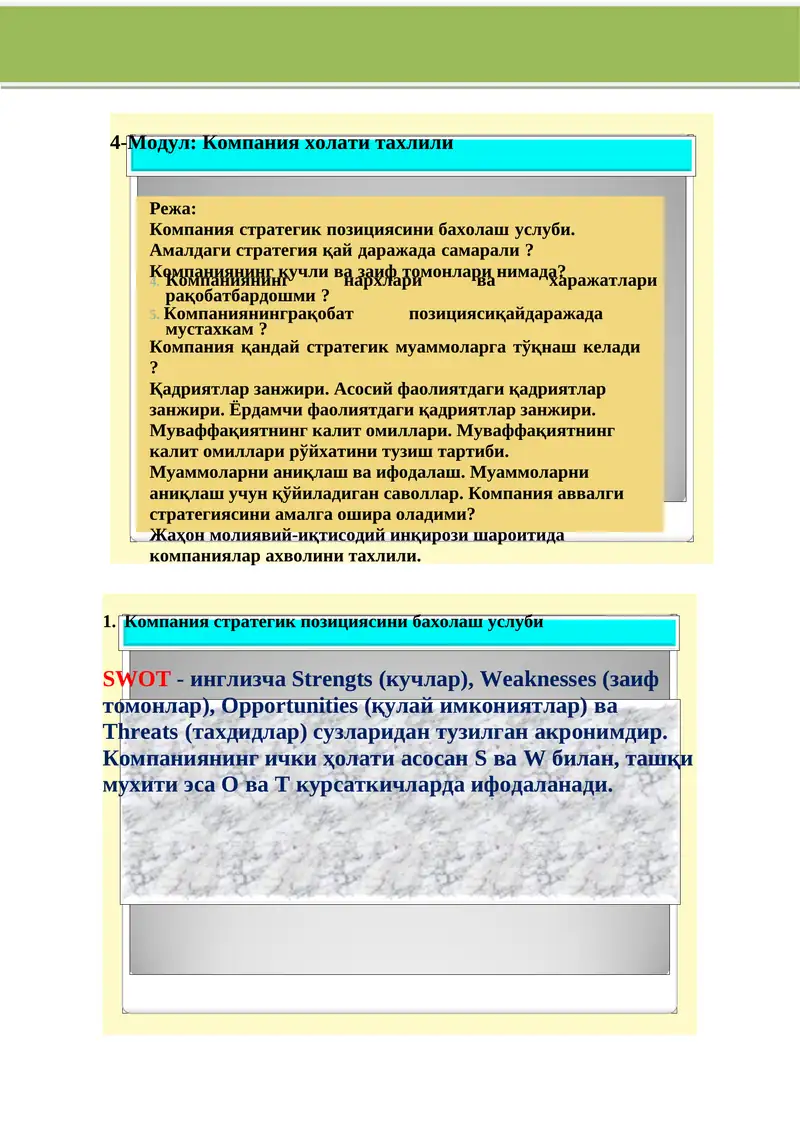 Компания стратегик позициясини бахолаш услуби