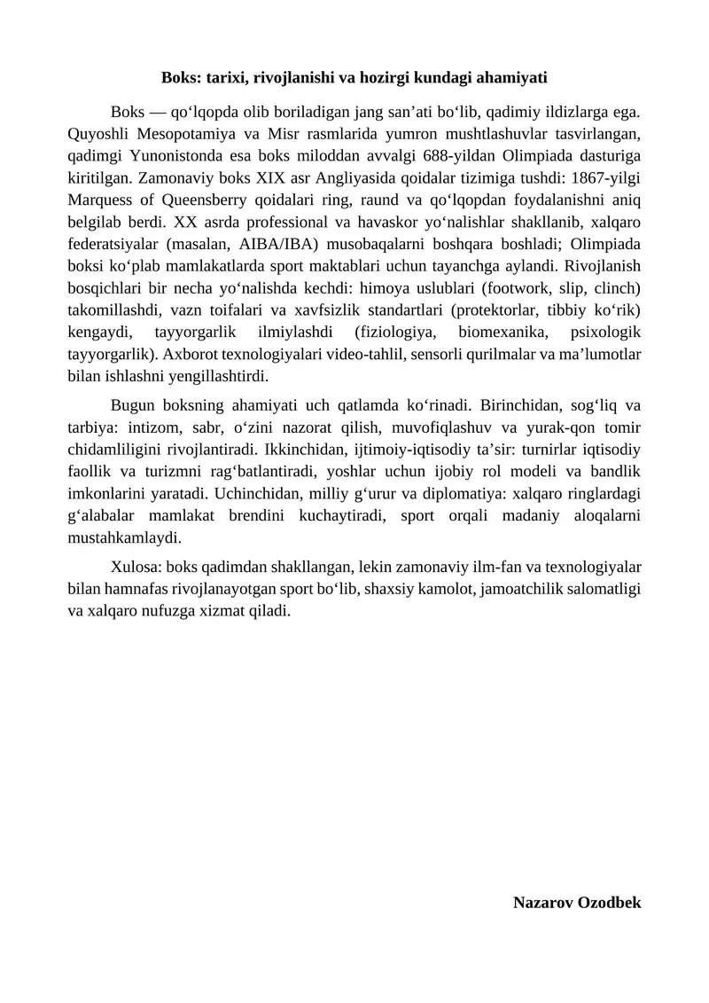 Boks: tarixi, rivojlanishi va hozirgi kundagi ahamiyati