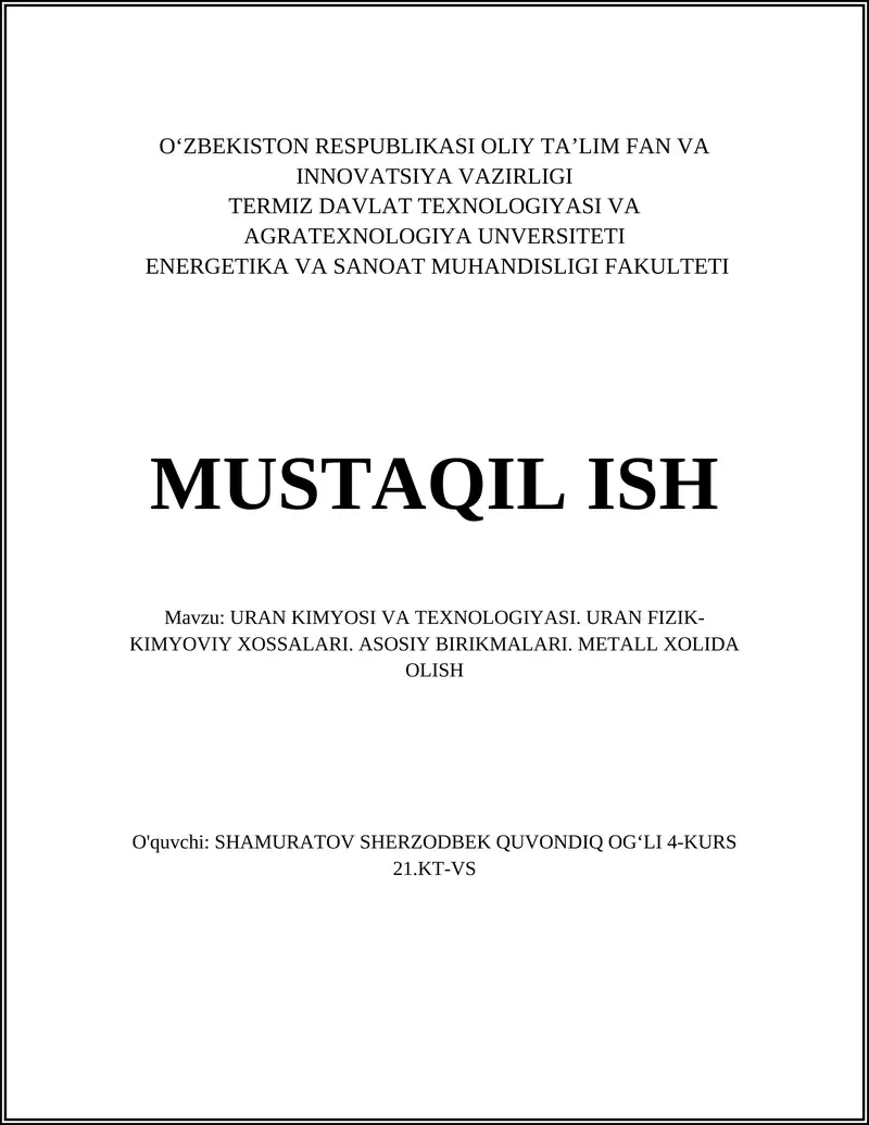 URAN KIMYOSI VA TEXNOLOGIYASI