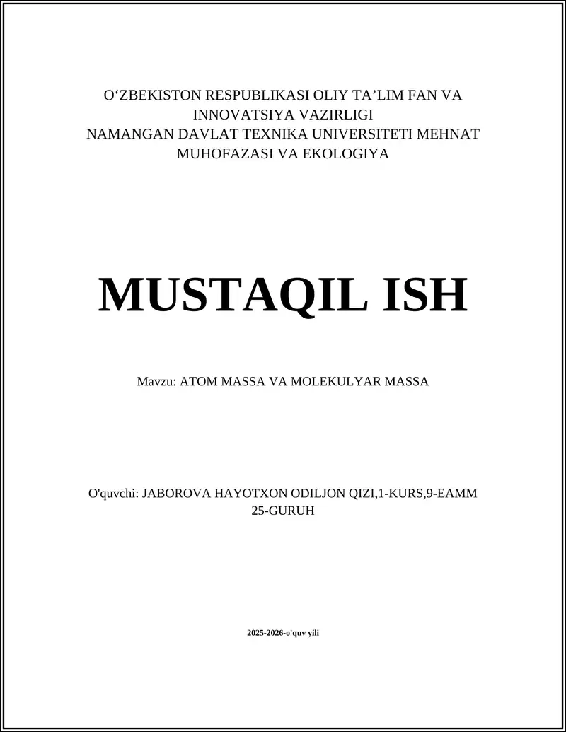 ATOM MASSA VA MOLEKULYAR MASSA