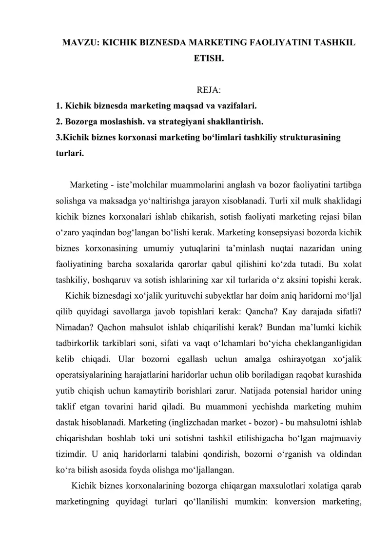 KICHIK BIZNESDA MARKETING FAOLIYATINI TASHKIL ETISH.