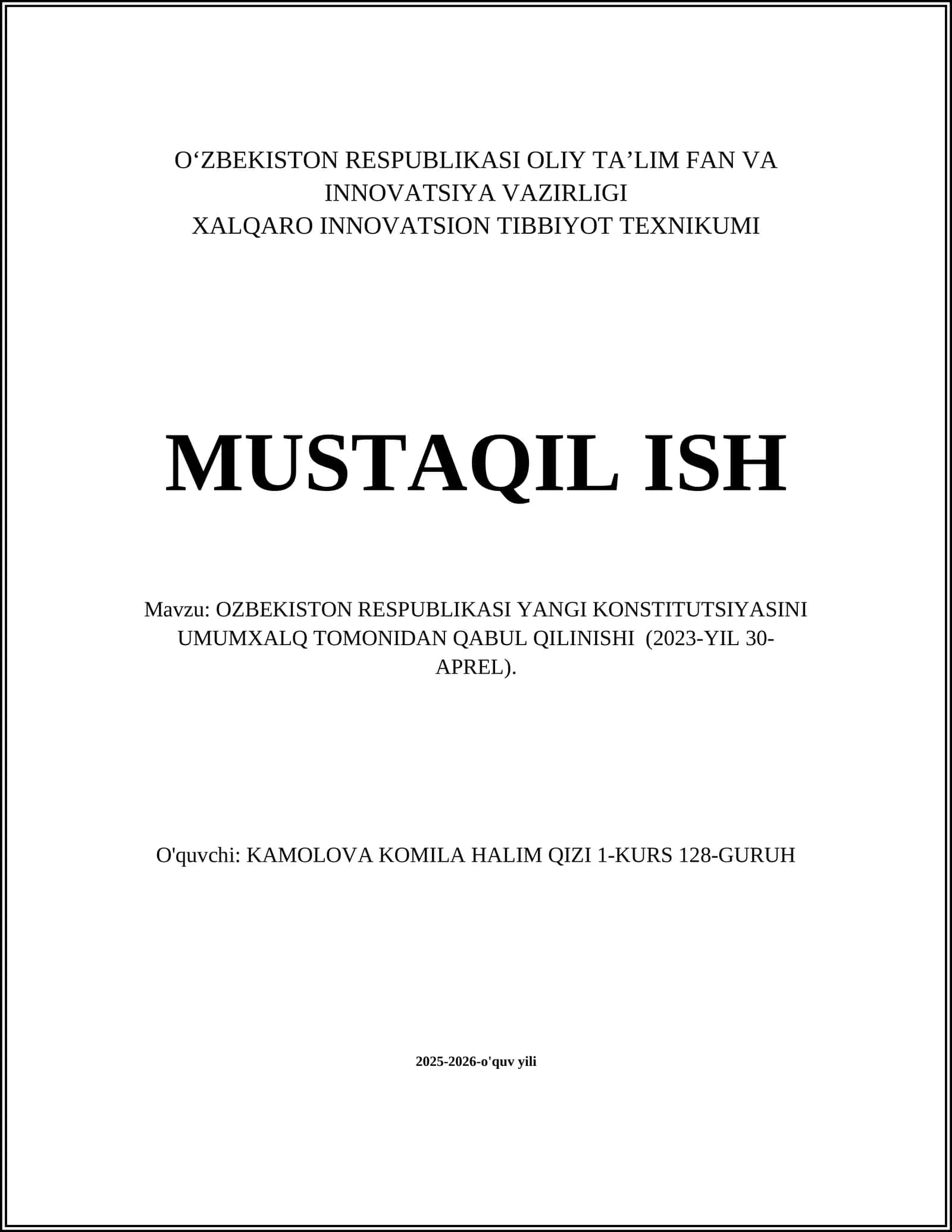 Mustaqil ish: OZBEKISTON RESPUBLIKASI YANGI KONSTITUTSIYASINI UMUMXALQ TOMONIDAN QABUL QILINISHI (2023-YIL 30-APREL)