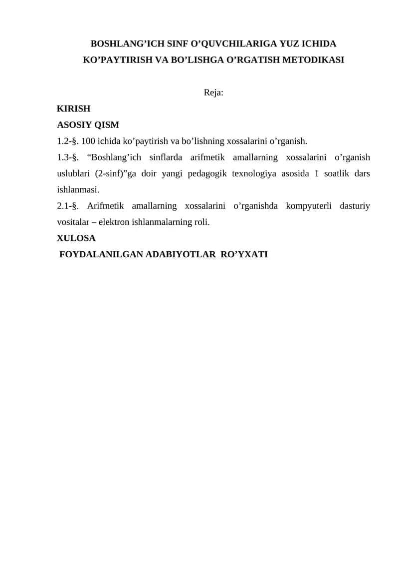 BOSHLANG’ICH SINF O’QUVCHILARIGA YUZ ICHIDA KO’PAYTIRISH VA BO’LISHGA O’RGATISH METODIKASI