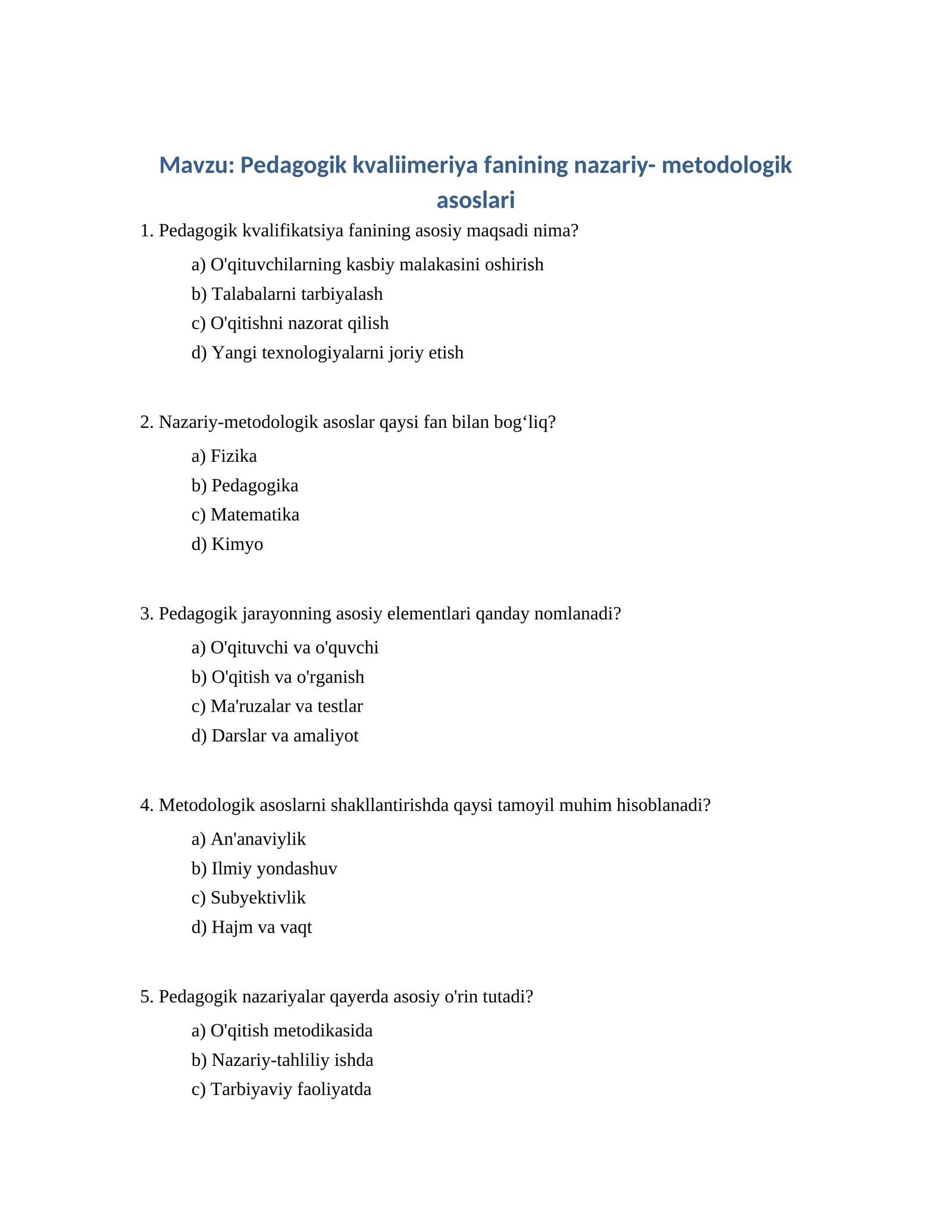 Pedagogik kvaliimeriya fanining nazariy- metodologik asoslari