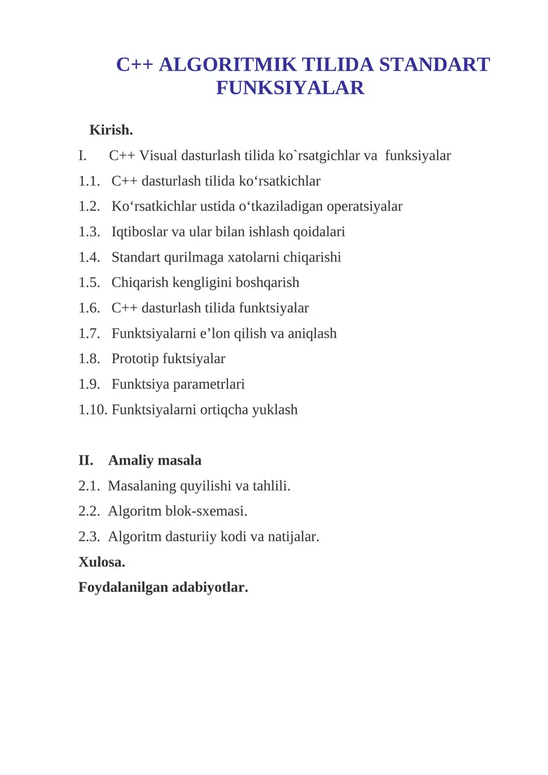 C++ ALGORITMIK TILIDA STANDART FUNKSIYALAR