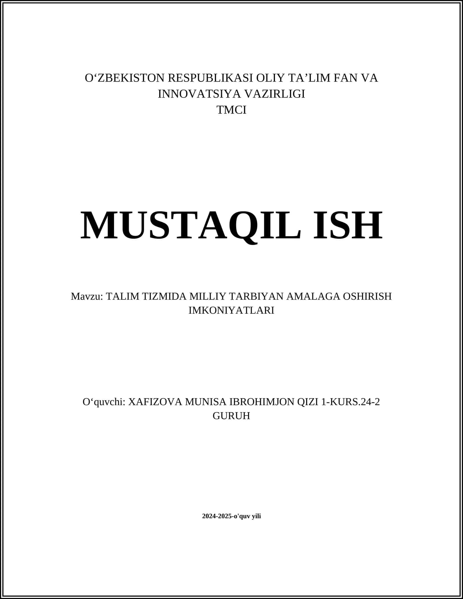 TALIM TIZMIDA MILLIY TARBIYAN AMALAGA OSHIRISH IMKONIYATLARI