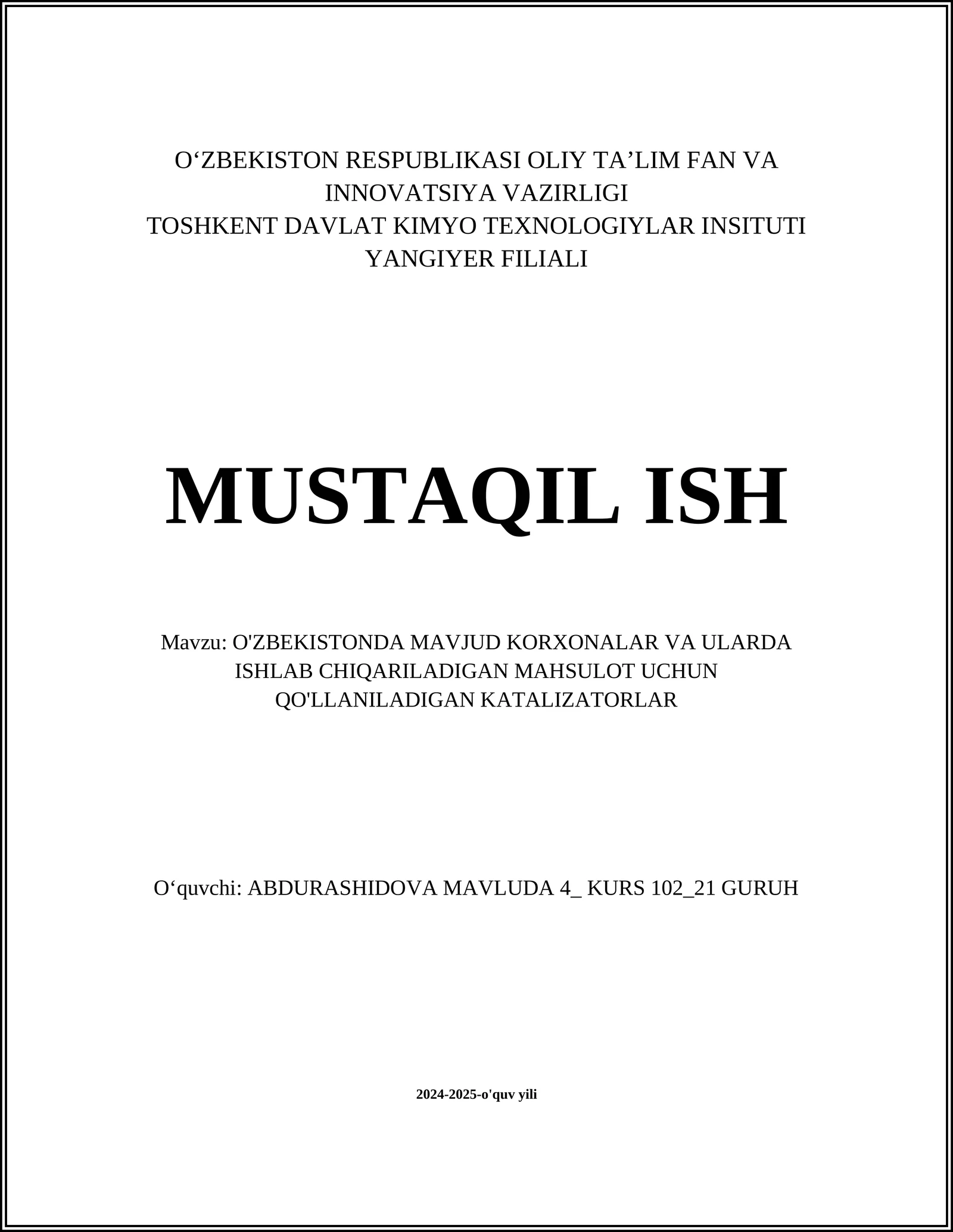 Umumiy kimyo sanoati va katalizatorlar