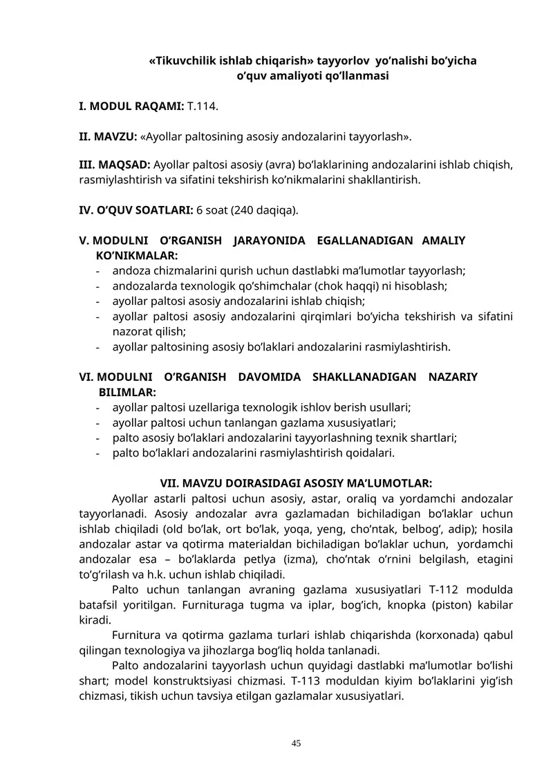 Ayollar paltosining asosiy andozalarini tayyorlash
