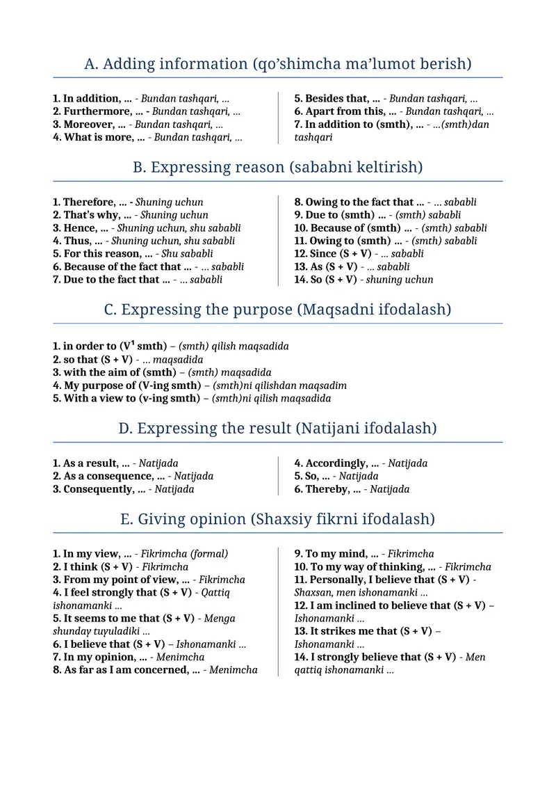 Expressing reason (sababni keltirish)