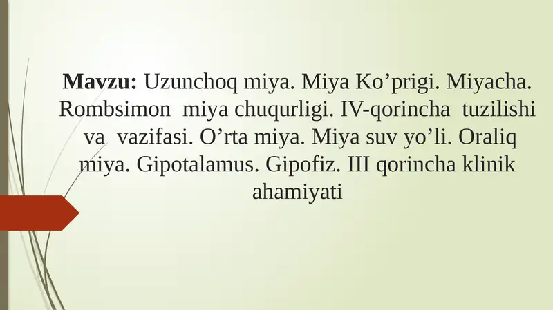 Uzunchoq miya. Miya Ko’prigi. Miyacha. Rombsimon miya chuqurligi. IV-qorincha tuzilishi va vazifasi. O’rta miya. Miya suv yo’li. Oraliq miya. Gipotalamus. Gipofiz. III qorincha klinik ahamiyati