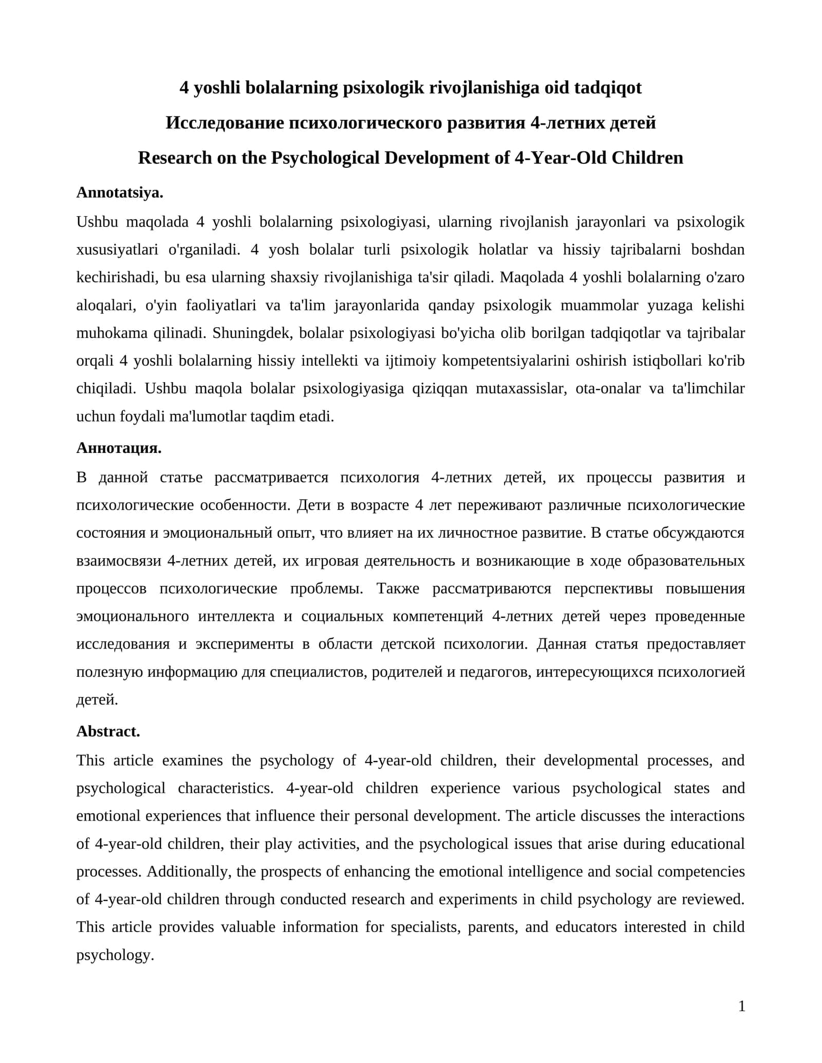 4 yoshli bolalarning psixologik rivojlanishiga oid tadqiqot