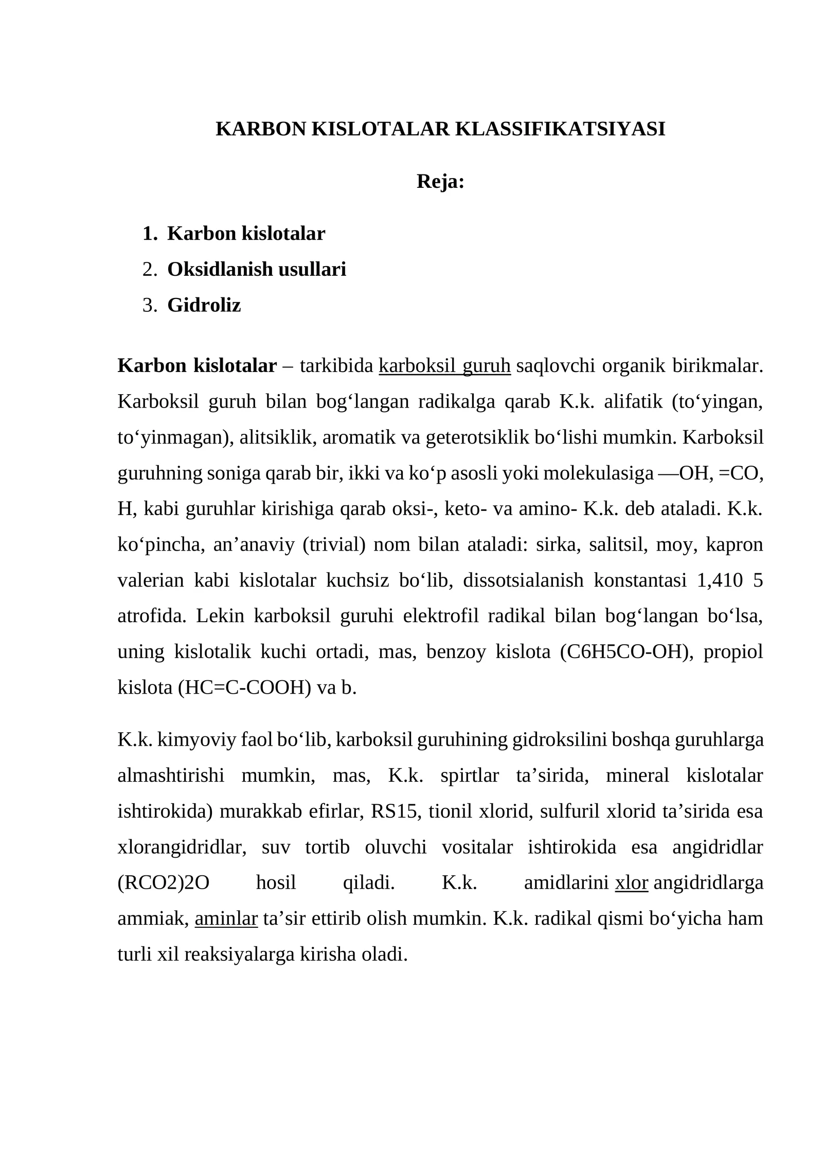 KARBON KISLOTALARKLASSIFIKATSIYASI