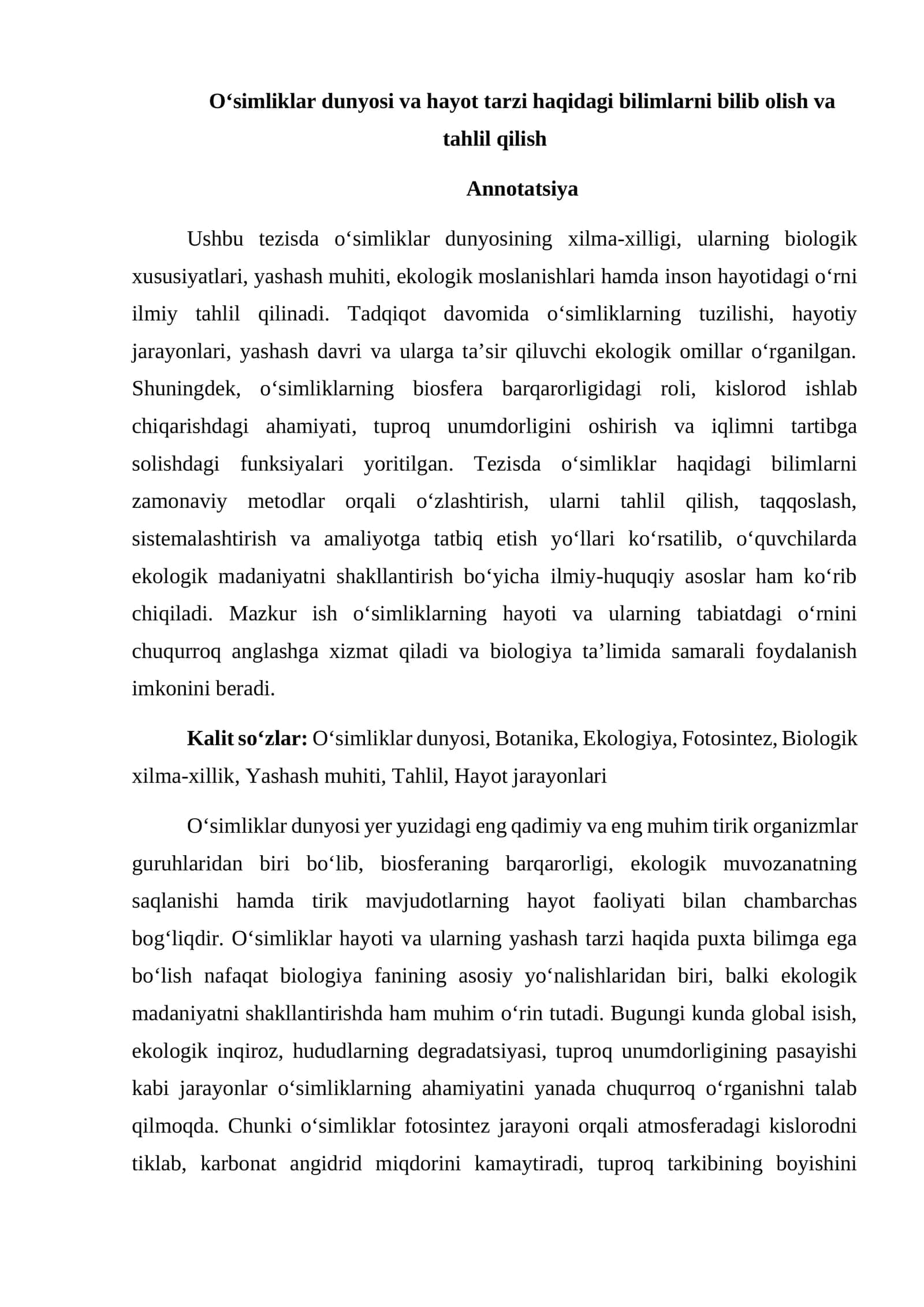 O‘simliklar dunyosi va hayot tarzi haqidagi bilimlarni bilib olish va tahlil qilish
