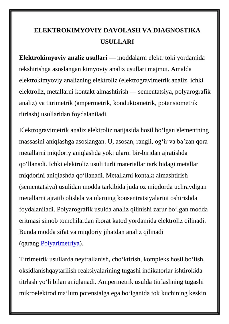 ELEKTROKIMYOVIY DAVOLASH VA DIAGNOSTIKA USULLARI
