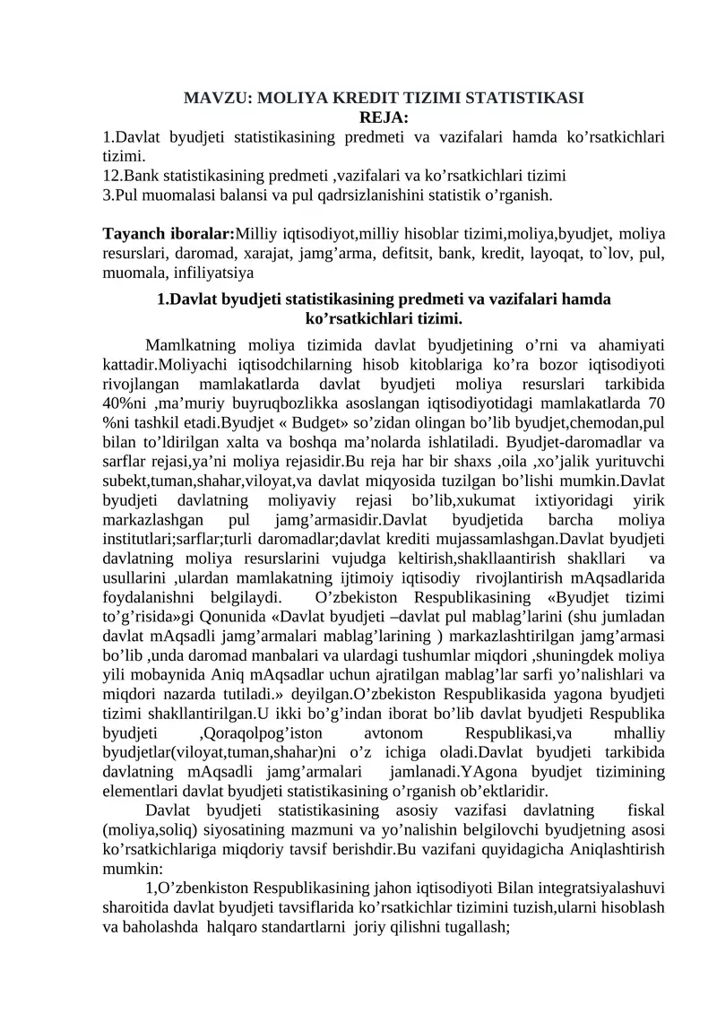 MOLIYA KREDIT TIZIMI STATISTIKASI
