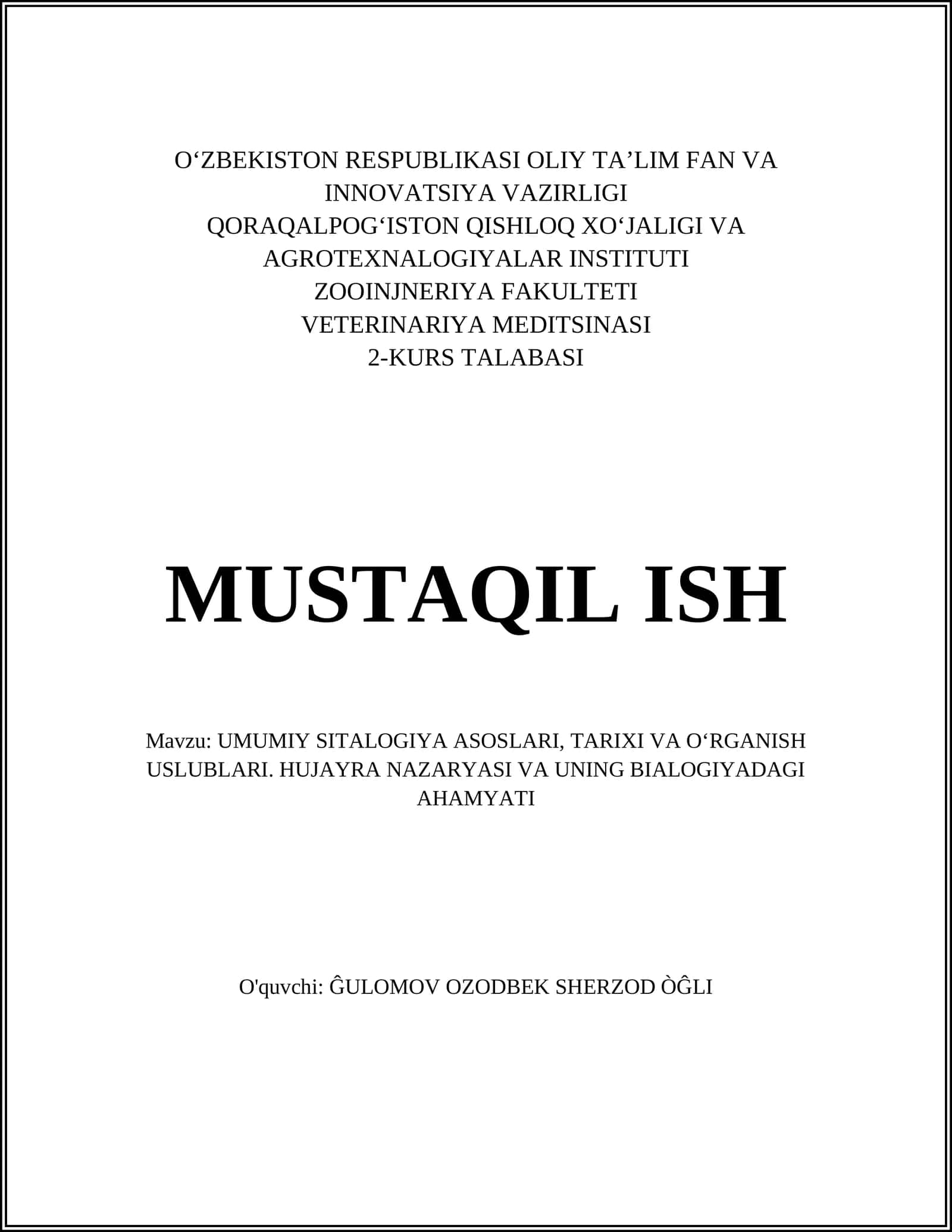 UMUMIY SITALOGIYA ASOSLARI, TARIXI VA O‘RGANISH USLUBLARI