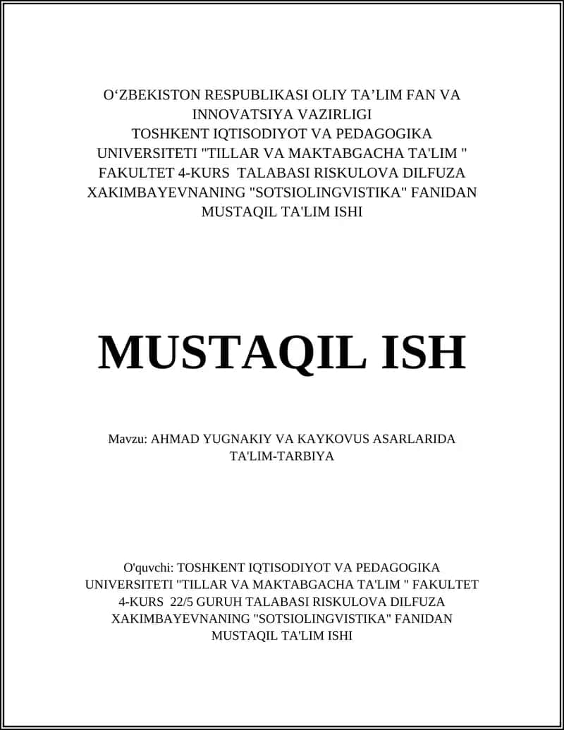 AHMAD YUGNAKIY VA KAYKOVUS ASARLARIDA TA'LIM-TARBIYA