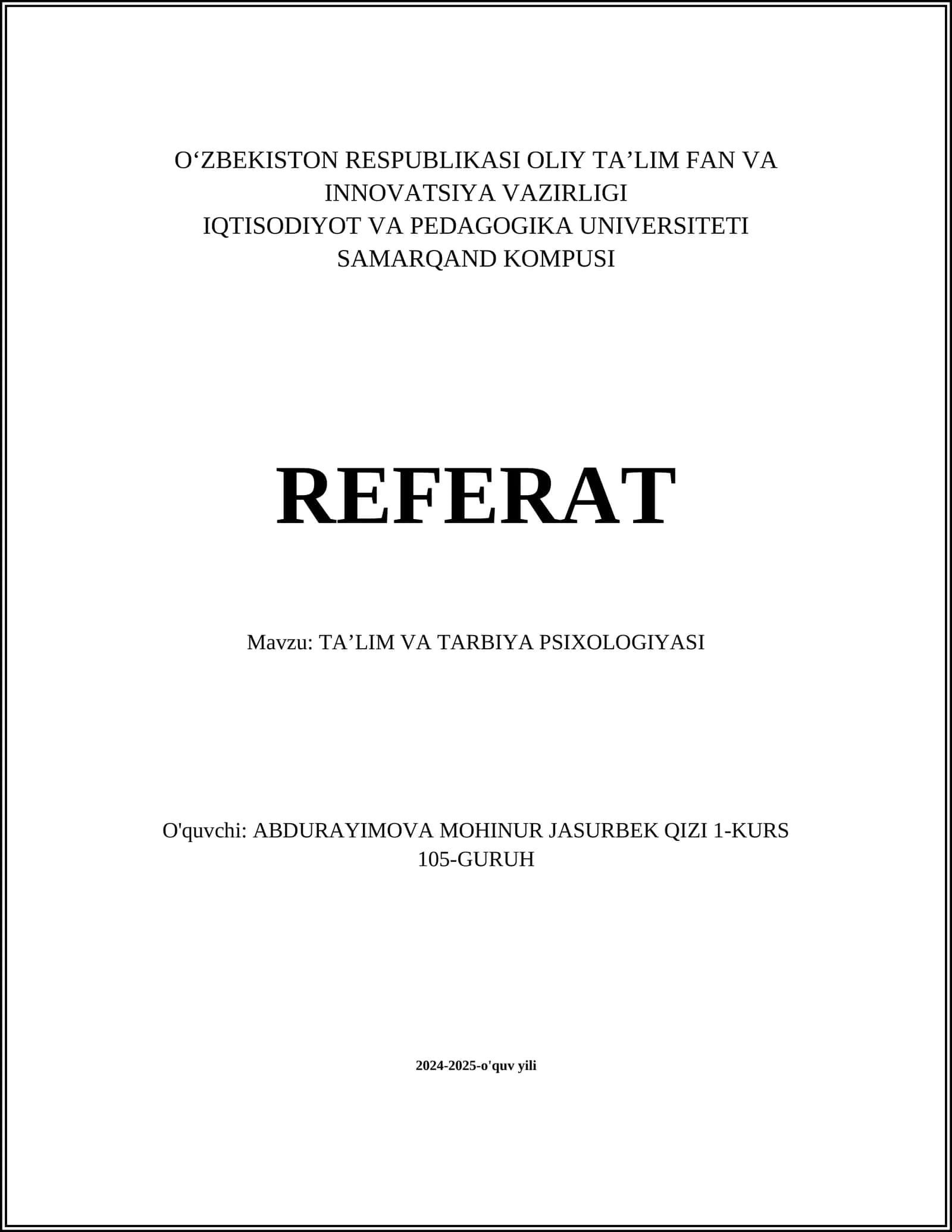 TA'LIM VA TARBIYA PSIXOLOGIYASI