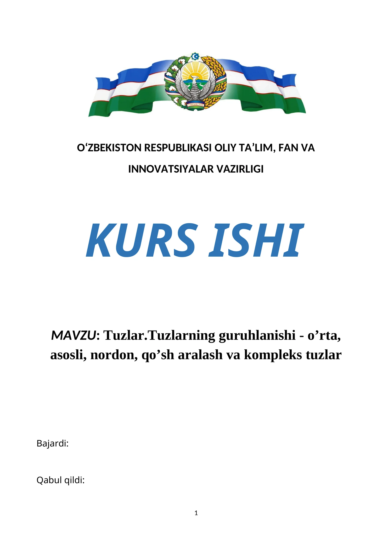 Tuzlar.Tuzlarning guruhlanishi - o’rta, asosli, nordon, qo’sh aralash va kompleks tuzlar