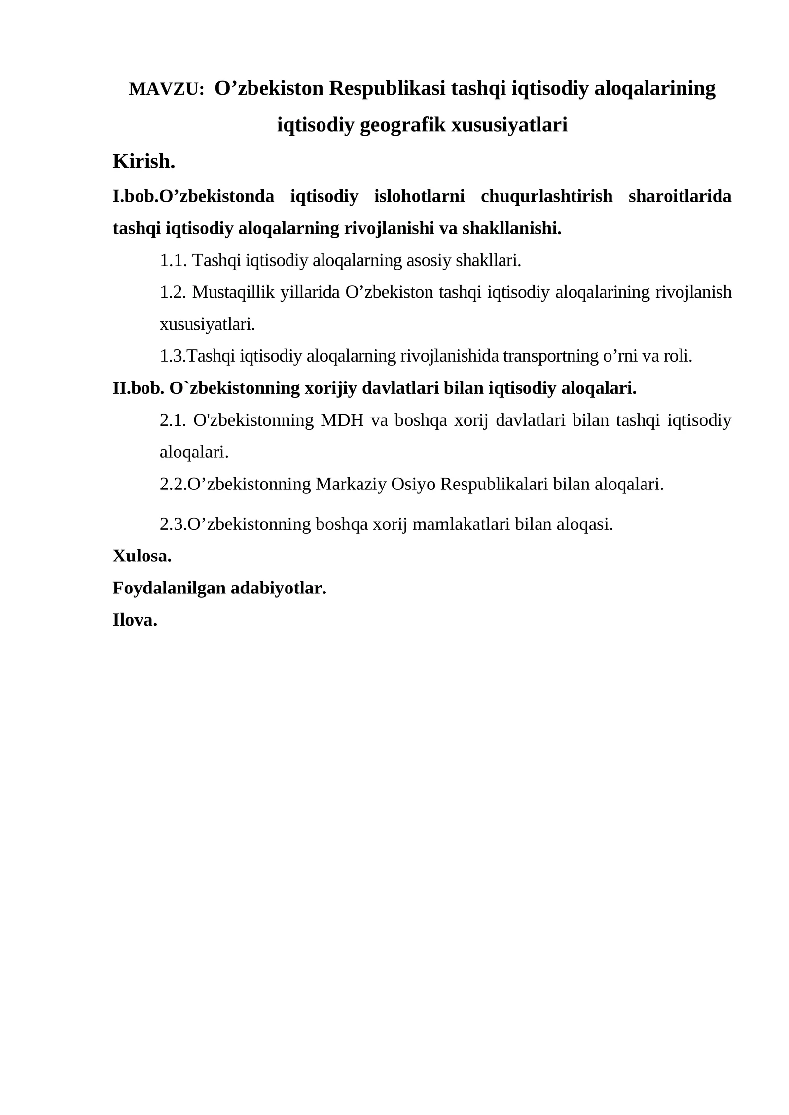 O’zbekiston Respublikasi tashqi iqtisodiy aloqalarining iqtisodiy geografik xususiyatlari