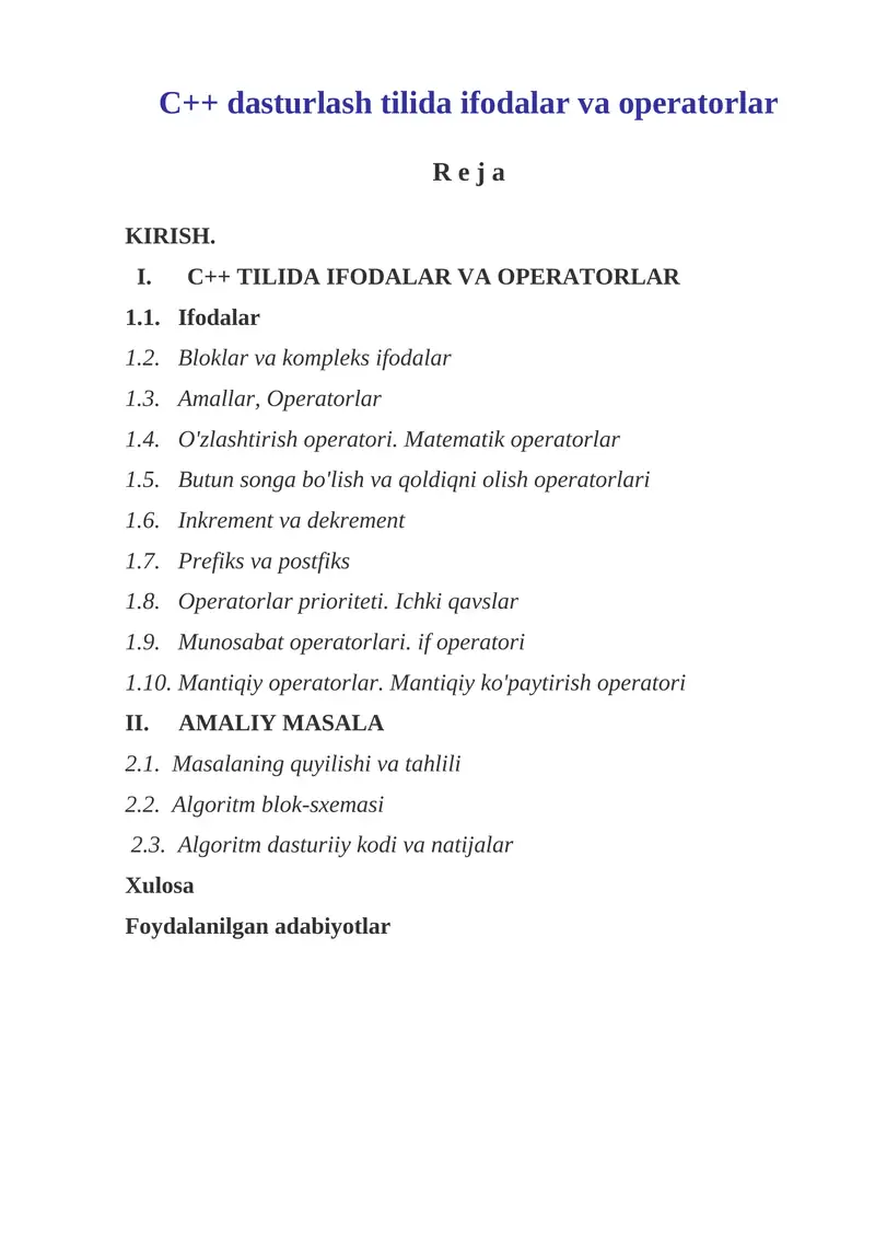 C++ tilida ifodalar va operatorlar