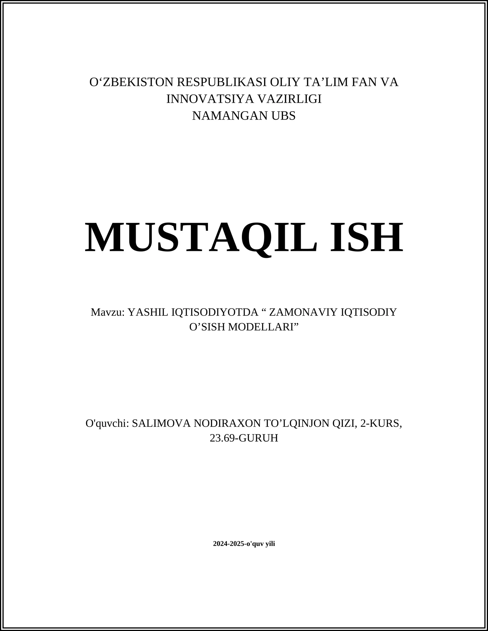 YASHIL IQTISODIYOTDA “ ZAMONAVIY IQTISODIY O’SISH MODELLARI”